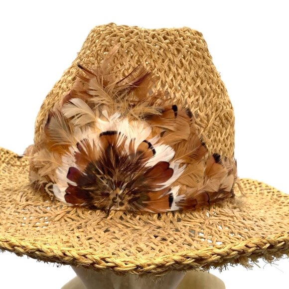 VINTAGE Handmade Straw Cowboy Hat Feather Band Summer Sun Panama Raffia Cowgirl main image 5